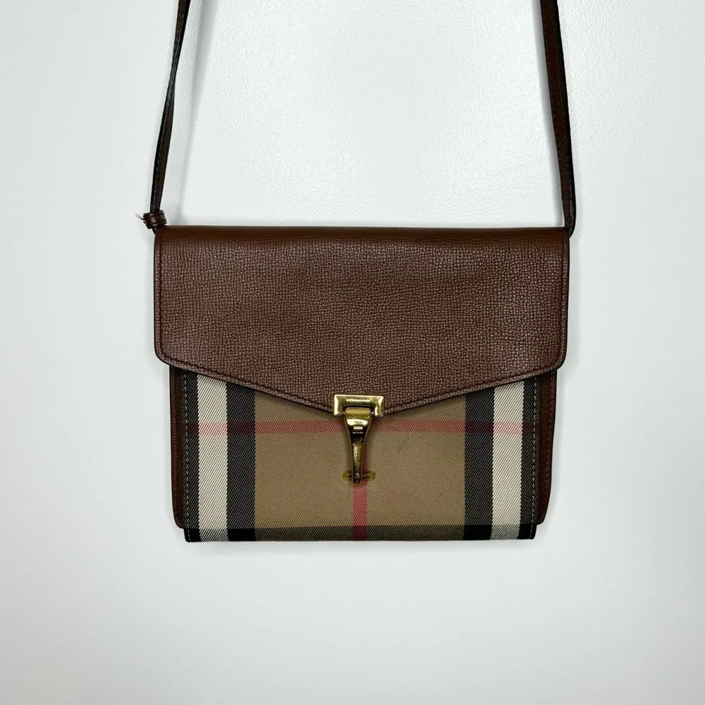 BURBERRY Derby Calfskin House Check Small Macken Crossbody Bag Tan